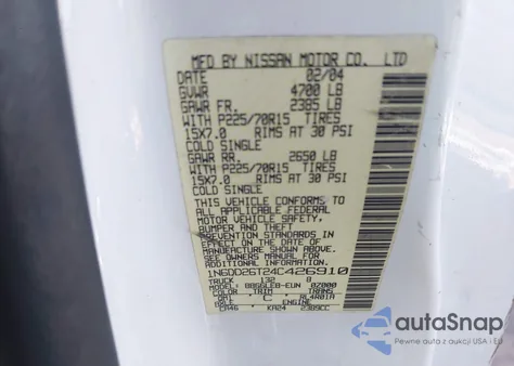 2004 Nissan Frontier Xe z USA, uszkodzony, nr VIN 1N6DD26T24C426910